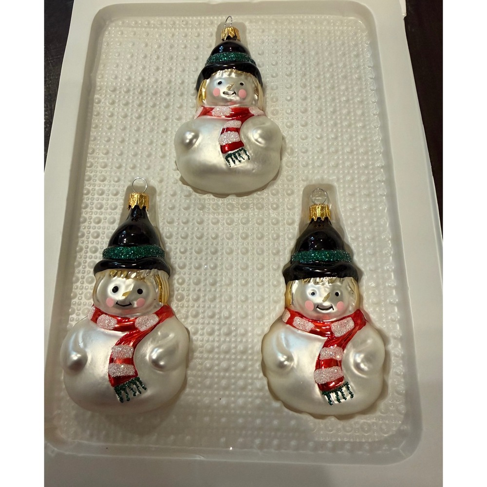 Target 3.5" Glass Ornaments White Snowman Set of 3 Glitter Holiday 2002